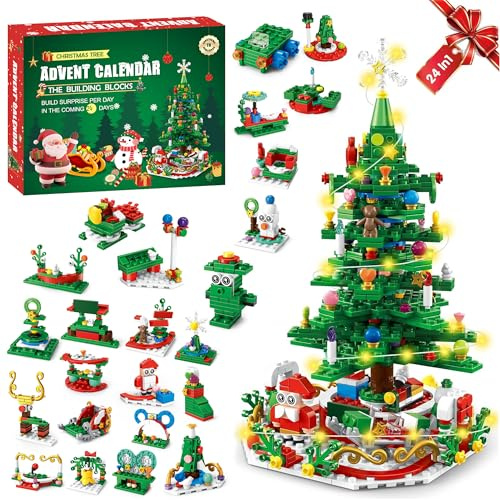 Advent Calendar 2025 Christmas Tree Building Blocks Set, 24 Days Christmas Countdown Building Block with Light, 24 IN 1 Christmas Tree Building Toys Christmas Gifts for Adults Boys and Girls Ages 6+