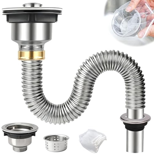 FALSKT Kit Desague Lavabo Sifón Lavabo Sifon Cocina Desagüe Lavabo con Manguera de Acero Inoxidable y Tapón de Drenaje Fugas y Olores