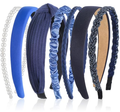 ElevateTech Blue Headbands for Women Girls, 7 Pcs Different Navy Blue Non Slip Hair Band for Womens Twisted Knotted Pearl Head Bands for Thick Thin Hairs Fashion Hair Accessories Set