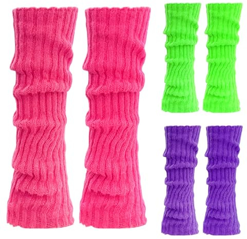 Calentadores de Piernas de Punto de Los Años 80-90, 3 PCS Leg Warmers de Piernas Vintage, Color Sólido Fluorescente Calentadores Mujer, para Damas en Invierno, Temática de Fiesta (B)