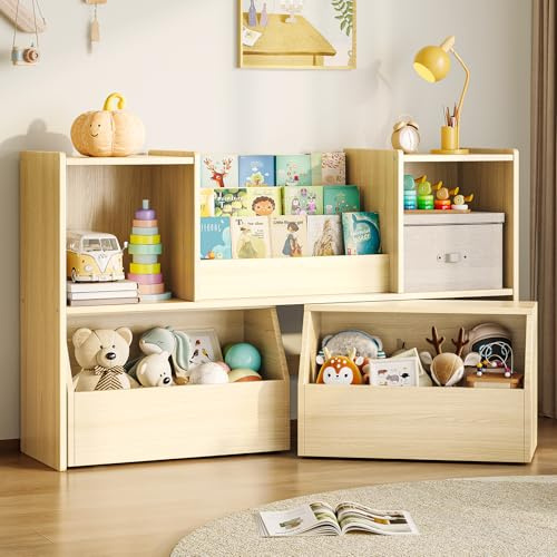 EXPERLAM Kids Bookshelf and Toy Storage, 2-Tier Toddler Bookshelf with Storage Cubbies and 2 Movable Drawers on Wheels, Toy Storage Organizer, Montessori Bookcase for Kids Room, Playroom, Nursery