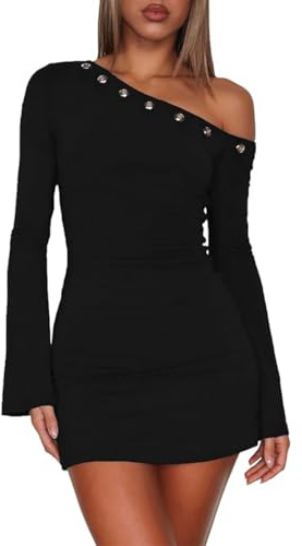 Crsiphee Women One Shoulder Metal Ring Mini Dress with Long Bell Sleeve Bodycon Sexy Slim Fit Cocktail Party Dresses Y2K Trendy for Club or Night Out Wear Black L