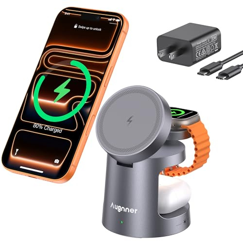 Cargador Inalámbrico Magnético 4 en 1, 15W Cargador portátil Plegable para iPhone 17/16/15/14/13/12, Estación de Carga para Apple Watch Serie y AirPods Pro/2/3/4(20W Adaptador Incluido)
