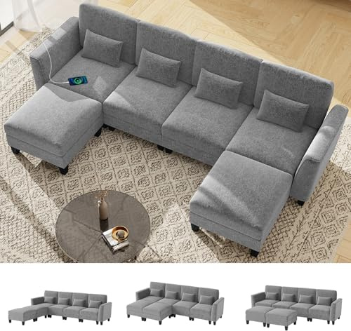 COSTWAY 280 cm hörnsoffa med 2 ottomaner & 4 kuddar, modulär soffa med sovfunktion, U-formad hörnsoffa med USB- och Type-C-ladduttag, 4-sits soffa för vardagsrum, sovrum, lägenhet (grå)