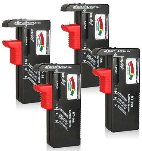 VTECHOLOGY 4Pcs Battery Tester for AA AAA C D 9V 1.5V Household Batteries | Universal Battery Tester Checker For Button Cell Model BT-168 Requires No Battery for Operating