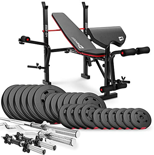 Hop-Sport Hantelbank mit Curlpult, Butterfly, Beincurler & klappbarer Trainingsbank, inkl. 38 kg Hantelset, SZ-Stange, Langhantel, Kurzhanteln – Fitnessbank für Heimtraining