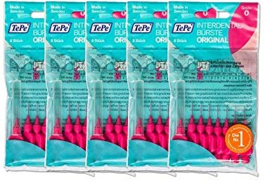Kaxilu 5x TePe Interdentalbürsten Original 8 Stück Rosa ISO0 0,4mm Weich Silikon u_shaped Wiederverwendbar
