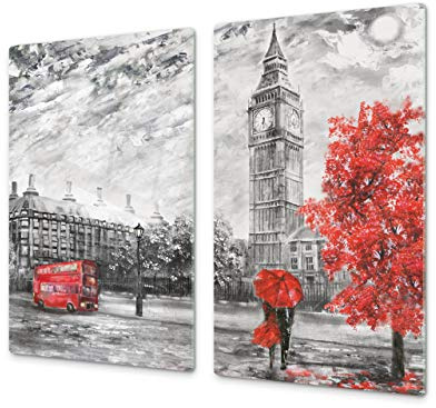 Cubre vitrocerámica y tabla de cortar de cristal templado – Superficie de vidrio templado resistente – UNA PIEZA (60 x 52 cm) o DOS PIEZAS (30 x 52 cm); D13 Serie Dibujos: Big ben rojo