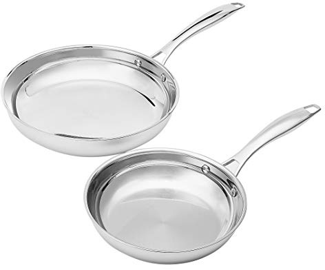 Amazon Basics 2-Piece Stainless Steel Induction Frying Pan Set, Oven Safe, Riveted Handle, Heat Distributes Evenly, 8-inch & 10-inch, Silver