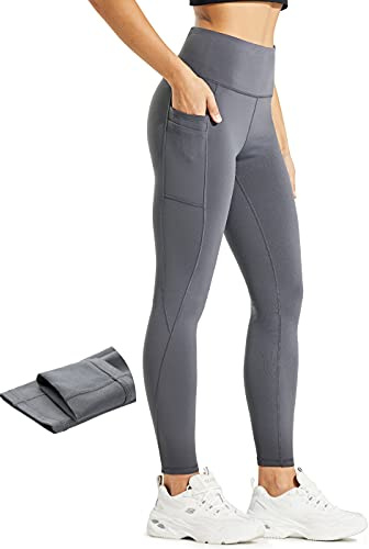 Comallan Legging Polaire Femme Hiver Leggings Chaud Femme Etanche Course Sport Yoga Training Thermique Thermo Pantalon avec Poches Gris, M
