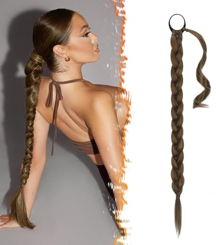 BARSDAR 85cm Lunga Coda di Cavallo Intrecciata con Cravatta Capelli, Dritto Avvolgere Intorno Extension dei Capelli Coda di Cavallo fai da te Naturale Posticci Sintetico Morbidi per le Donne