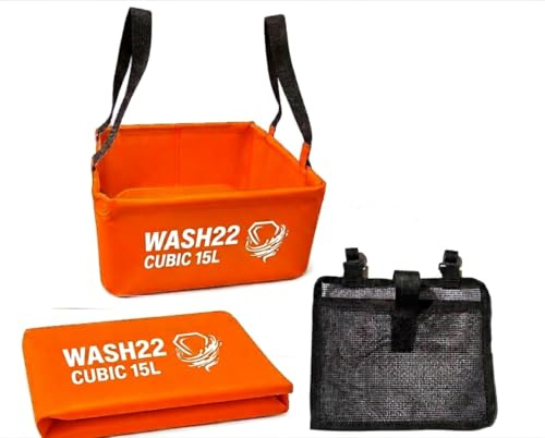 WASH22 Cubic 15L Collapsible Camping Bucket with Mesh Storage Bag – Orange