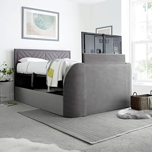 happybeds Ottoman TV Bed, Sherlock Light Grey Velvet Fabric Ottoman Storage TV Bed, Double, King, Super King Size (King (U.K. Standard))