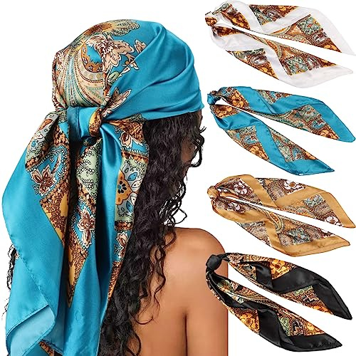 DRESHOW 4 Pack Large Square Satin Headscarves Hair Scarves Silk Accessories Classic Patterned Squares Beach Bandanas for Women