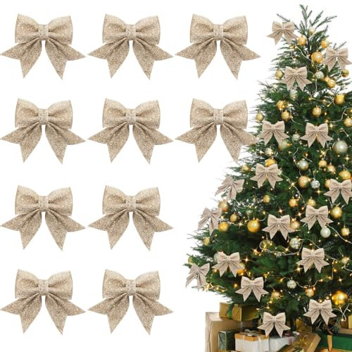 ACTOYS Fiocchi per Albero di Natale, 10 Pezzi Fiocchi Natalizi Glitterati, Fiocco Regalo, Fiocchetti Paillettes, Decorazioni Albero di Natale, Decorazione di Confezioni Regalo