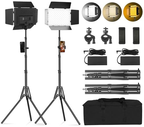 Soonpho 2-Pack Iluminación de Panel LED Luz Video y Soporte Kit Barn Door 2800-6500K Regulable 20W de luz de iluminación de Estudio de fotografía con 1,6 m de trípode y Soporte de teléfono móvil