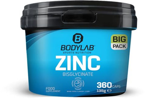 Bodylab24 BIG PACK Zinc Bisglycinate 360 Kapseln, mit 25mg Zink pro Kapsel, hohe Bioverfügbarkeit, GMO-frei hergestellt, zur Unterstützung der normalen Proteinsynthese und Funktion des Immunsystems