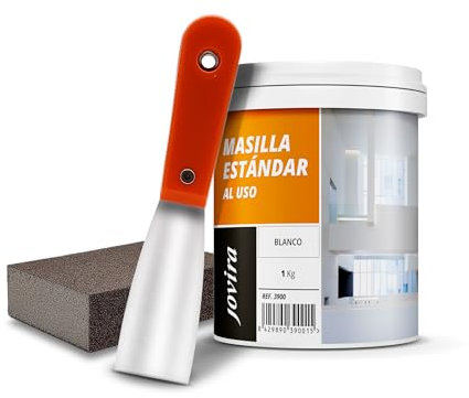 JOVIRA PINTURAS Masilla estandar lista al uso (1 kg) + Espatula + Lija para interiores. Especial para tapar, rellenar fisuras y agujeros.