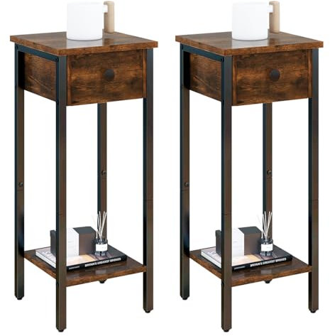 IBUYKE Juego de 2 mesitas de noche delgadas, mesita de noche estrecha con cajón, mesa de teléfono para espacios pequeños, 25x25x70cm, mesa auxiliar lateral pequeña para dormitorio, sala de estar