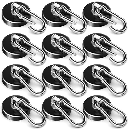 FINDMAG Strong Magnetic Hooks, 100LBS Neodymium Magnet with Swivel Carabiner Hook, Cruise Ship Essentials, Heavy Duty Magnetic Hooks for Hanging, Garage, Kitchen, Grill, Office -12 Pack