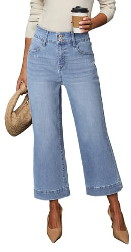 Dokotoo Wide Leg Baggy Jeans for Women Women's Straight Leg High Waist Stretch Palazzo Pants Capri 2026 Outfits Fashion Trendy Summer Pants for Women Ashion Clothes Pocket Stretch Denim Pants Myosotis