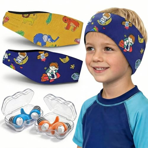 Swimming Headband for Kids - 2 Pairs Waterproof Ear Plugs & Adjustable Swim Ear Band,Keep Water Out and Hold Earplugs in - Water Headband for Surfing, Diving, Pool, Showering, and Sports