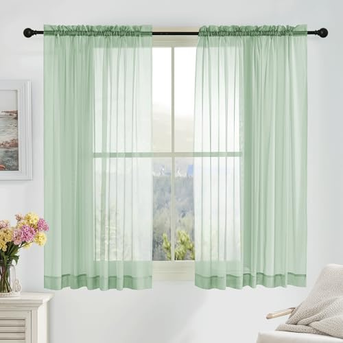PONY DANCE Sage Green Window Net Curtains 60x54 Inches - Slot Top Super Soft Voile Curtains Light Filtering Semi Transparent Sheer Panels for Bedroom/Living Room/Kitchen Privacy Protection, 2 Panels