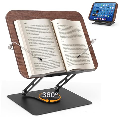 Leggio Per Libri In Legno,Leggio Per Libri Con Base Girevole A 360°,Altezza Regolabile Bookstand,Pieghevole,Per Cucina,Con Clip Per Pagine Per Spartiti Musicali, Ricette, Riviste, Computer Portatili