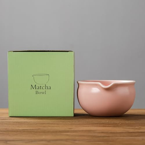 YlobdolY Ciotola in ceramica con beccuccio per versare, tradizionale ciotola per tè matcha giapponese, realizzata a mano, in porcellana smaltata, con confezione regalo per sbattere Matcha rosa opaco