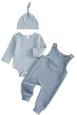 Haomibacu Infant Baby Boys Casual 3pcs Outfits Striped Waffle Romper Solid Color Overalls Long Pants Beanie Hat Fall Winter Clothes Set (Blue, 0-3 Months)