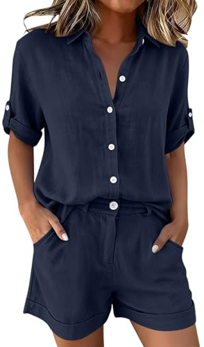 Conjunto de lino para mujer, 2 piezas, casual, holgado, ropa de descanso, para verano, transpirable, de manga corta, con botones, camisa y pantalones cortos, de lino sintético, cómodo traje de viaje