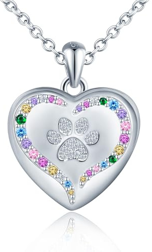 MICSAVI Dog/Cat Paw Locket Necklace 925 Sterling Silver Paw Print Photo Picture Pendant Heart Locket with Cubic Zirconia in Variety Colours, Jewelry for Animal Lover Women Girls