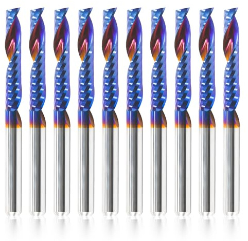 HQMaster 10pcs O Flute CNC Router Bits, 1/8 Inch Shank Single Flute End Mill, Tungsten Carbide Spiral Router Bit, Upcut Single Edged Engraving Milling Cutter for Acrylic, Plastic, MDF, Aluminum, PVC