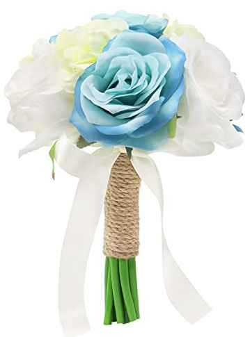 Fouriding Wedding Bouquet Artificial Mutiple Silky Flowers Rose Bridal Bouquets for Bride Bridesmaid Holding Wedding Decoration (Blue+white)