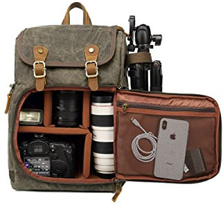 YuanWen DSLR Camera Canvas Backpack Large Capacity Front Open Waterproof Anti-shock SLR/DSLR Camera Rucksack Camera Travel Bag Professional Camera Bag Green