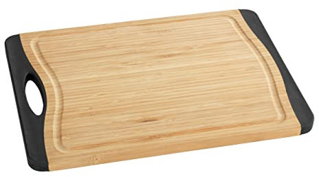 WENKO Planche à découper Bambou antidérapante M+ Planche de cuisine, planche à découper avec rainure à jus et poignée, ménage la lame Marron