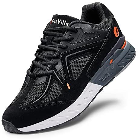 FitVille Mens Extra Wide Fit Trainers Comfortable Running Sneakers Lightweight Walking Shoes for Flat Feet Plantar Fasciitis, Black, 9 UK Wide