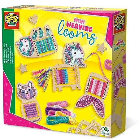SES Creative | Kit Mini Holzwebstühle | Manuelle Aktivität 6 Jahre + | Textiles Gestalten für Kinder | 6 Stickgarne & Glitzersticker | Kreatives DIY-Spiel | Geschenkidee Mädchen Jungen