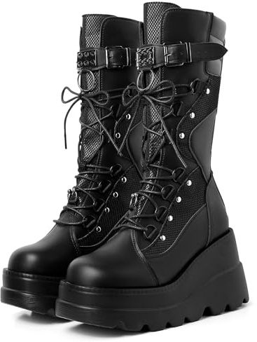 mikarka Womens Holographic Platform Mid Calf Combat Boots Lace Up Wedge Heel Studded Goth Knee High Boots