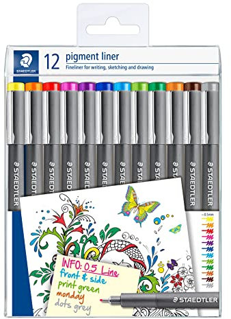 STAEDTLER bunte pigment liner, dokumentenechte Pigmenttinte, lange Metallspitze, Linienbreite 0,5mm, lange Lebensdauer, 12 Liner in 12 unterschiedlichen Farben, 308-S TB12