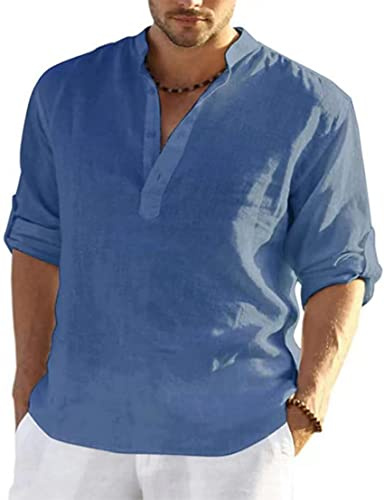 PADOLA Hombre Camisas Lino T-Shirt Suelta Manga Larga Casual Top Color Sólido Camisa de Verano Regular Fit Respirable Henley Camisas Casual (Azul L)