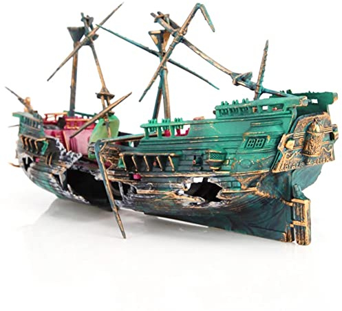 SLOCME Aquarium Shipwreck Decorations - Air Bubbler Sunken Ship Ornament, Fish Tank Air Action Aerating Decorations