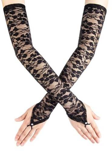 YLYMWJ spetshandskar fingerlösa långa aftonhandskar klassisk satin armbågslängd handskar blommig brudhandskar maskeradklänning festhandskar, Svart, en storlek