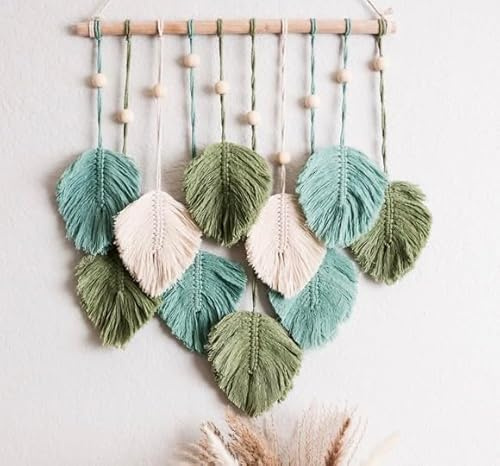 SnugLife Macrame Wall Hanging Leaves - Large Chic Feather Boho Decor, Handmade Yarn Woven Art Leaf Tapestry for Nursery, Bedroom, Living Room, 17 X 22 Inch (Green, Sage Green & Beige)