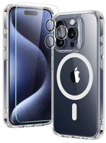 ESR für iPhone 15 Pro Max Hülle Set, Kompatibel mit MagSafe, 1 Displayschutzfolie aus gehärtetem Glas, 1 Satz Kamera Schutzfolien, Militärnorm Schutz, vergilbungs, kratzfestes Case Classic Serie, Klar