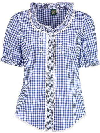 OS Trachten Damen Bluse Kurzarm Trachtenbluse mit Rundhalsausschnitt Poror, Größe:38, Farbe:Mittelblau