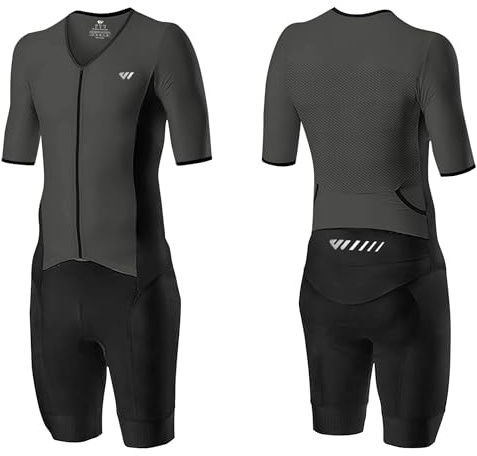 Wulibike Men's Trisuit Short Sleeve Triathlon Suit,Breathable and Quick Drying Mens Triathlon Tri Suit，Cycling Suit Mens Grey M