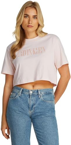 Calvin Klein Women’s Short Sleeve Varsity Boxy Cropped T-Shirt, Pink (Silver Peony), XS