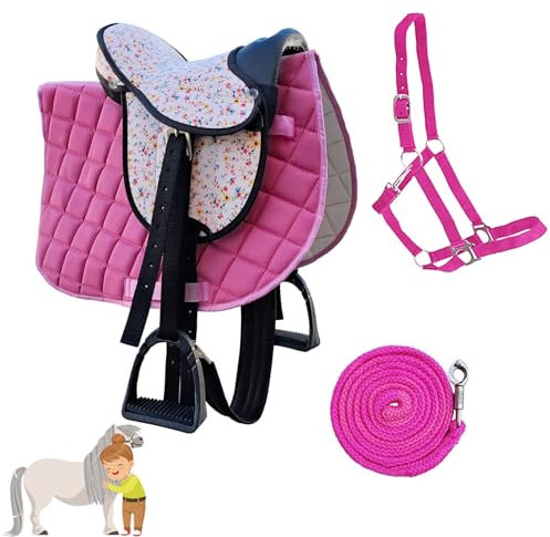 My Sweet Pony® Kinder Shettysattel-Set Pink Flower + Halfter + Führstrick | Sattel für Pony Shetty und Holzpferd | Alles enthalten | kompletter Sattel | Ideal für erste Reitversuche