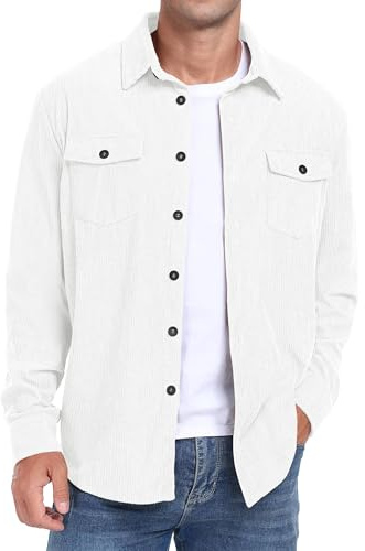 QIXING Men's Corduroy Button Down Shirts Long Sleeve Shacket Trucker Jacket Autumn Winter Coats with Flap Pockets (White, L)